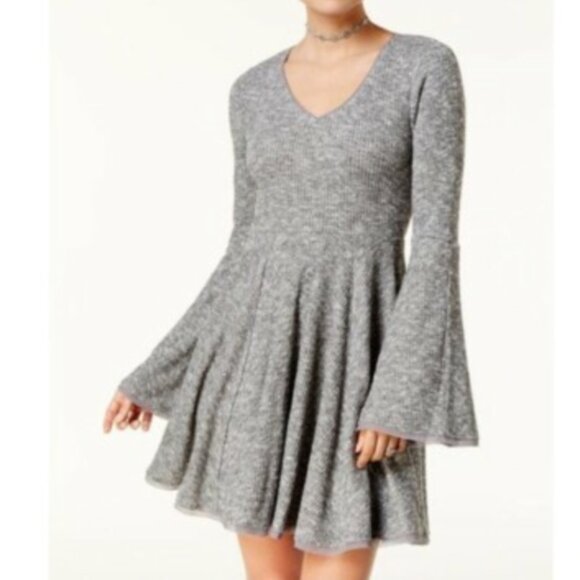 American Rag Gray Ribbed Knit Dress L – Bell Sleeve Fit & Flare - Picture 1 of 5